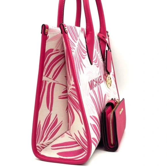 Michael Kors Medium Mirella Tote Bag & Medium Bifold Zip Chain Wallet Pink/Gold